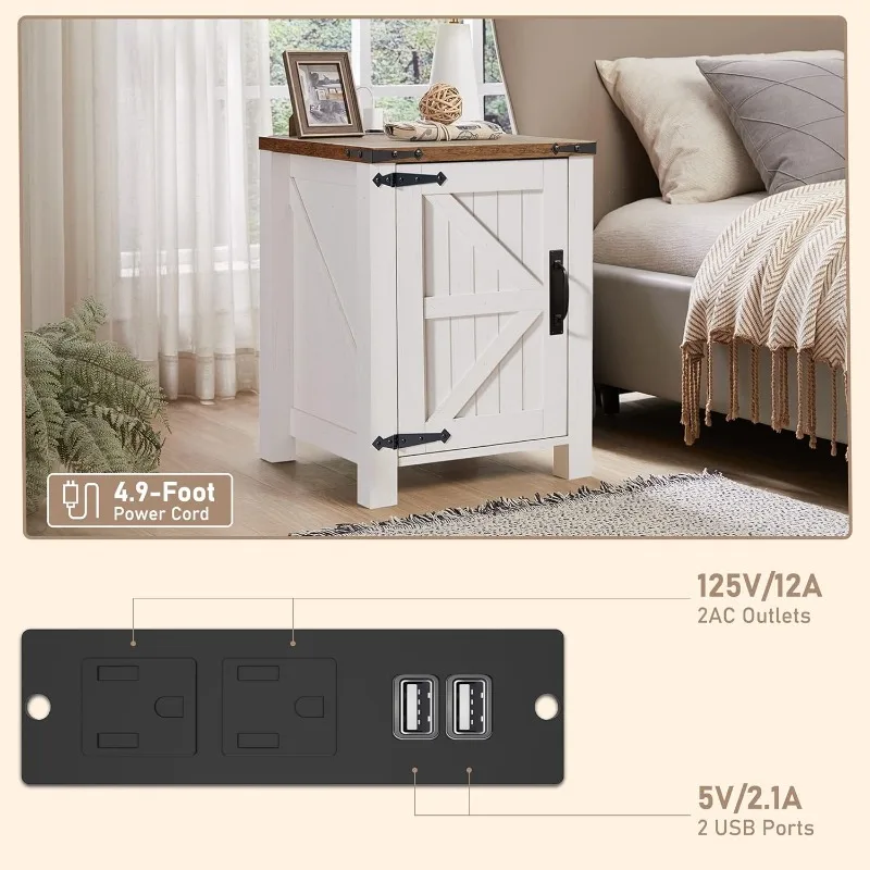 Nightstand with Charging Station, 18 Inch Farmhouse End Table with Barn Door and Adjustable Storage Shelf, Rustic Wood Sofa