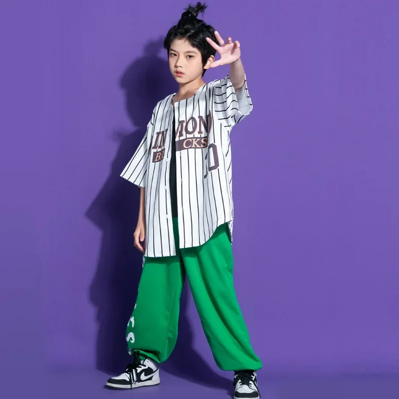 Striped Baseball Cardigan Shirt Top Streetwear Jogger Sweat Pants for Girl Boy Jazz Dance Costume Clothes Kid Hip Hop Clothing