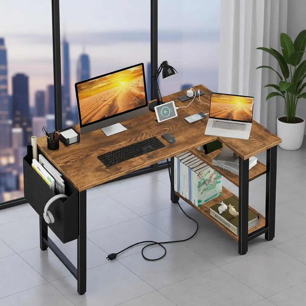 

Rustic Brown 40 Reversible L-Shaped Desk with Power Outlet Shelves for Small Home Office