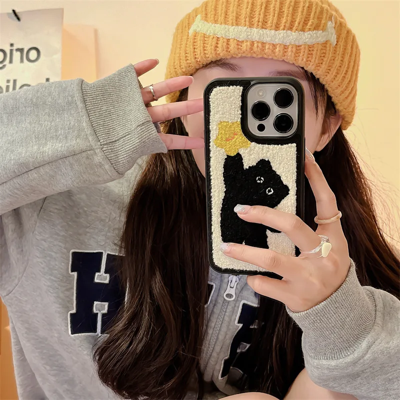 

Cute Towel Embroidered Black Cat Star Suitable For Iphone 11 12 13 14 15 16 Pro Max Phone Back Cover Protective Case