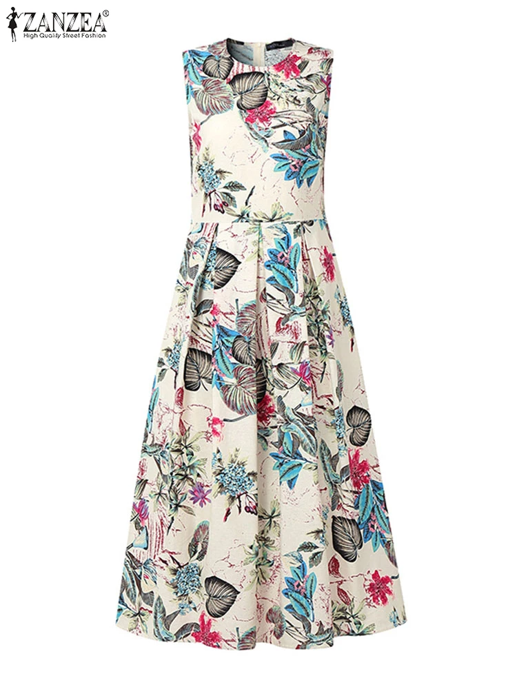 ZANZEA Abito da donna a metà polpaccio Abito estivo stampato floreale vintage 2025 Casual A-Line Abito a pieghe senza maniche Abiti da festa estivi