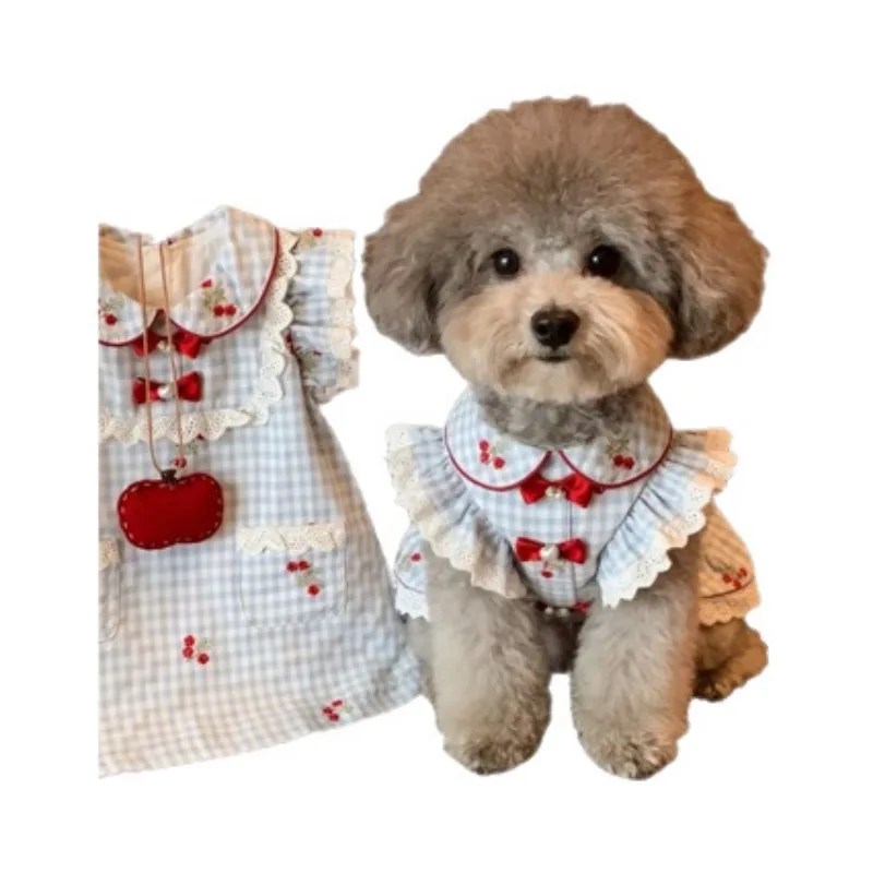 Pet Cute Embroidered Collar Tank Top Plaid Lace Flying Sleeves Dog Cat Princess Skirt Dog Clothes for Small Dogs view 4