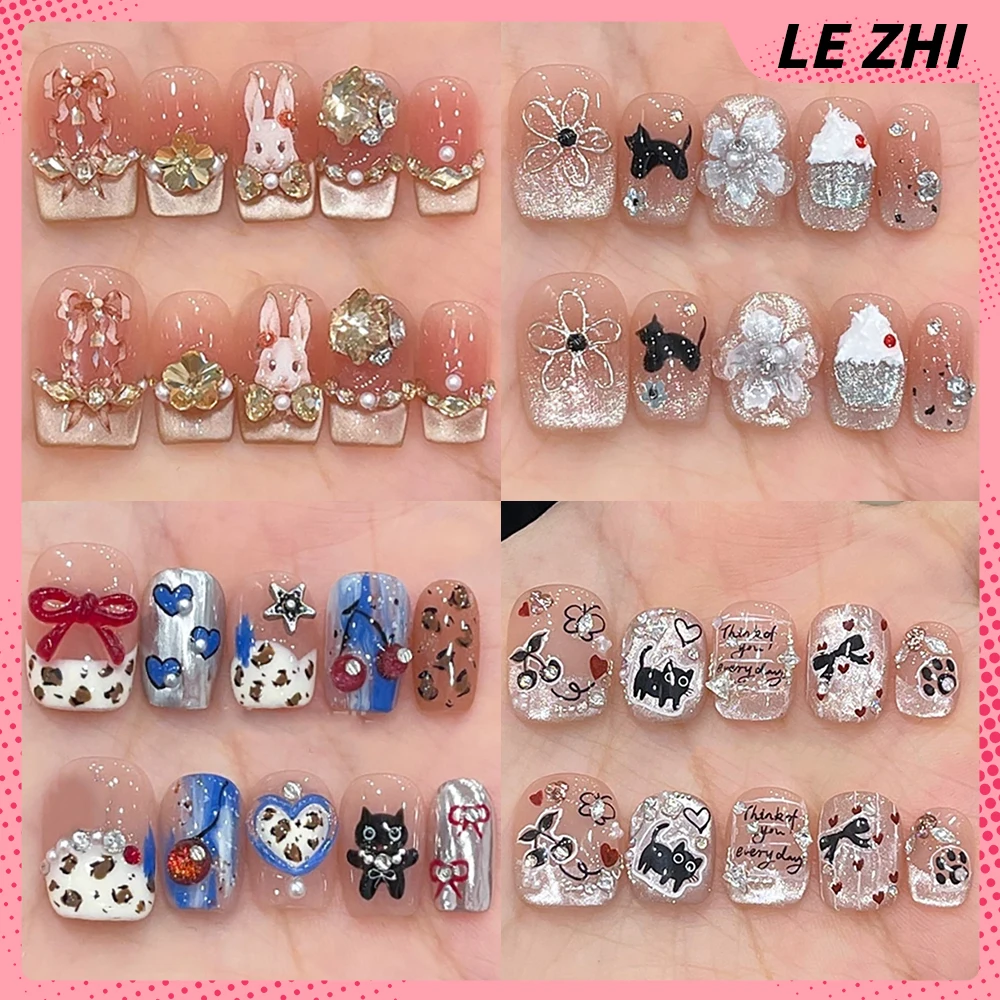 

Luxury Glitter Rhinestone Short Square Round Full Cover Nails Cartoon Rabbit Cat Flowers Cat Eyes Pearl French Fake Nails Gift