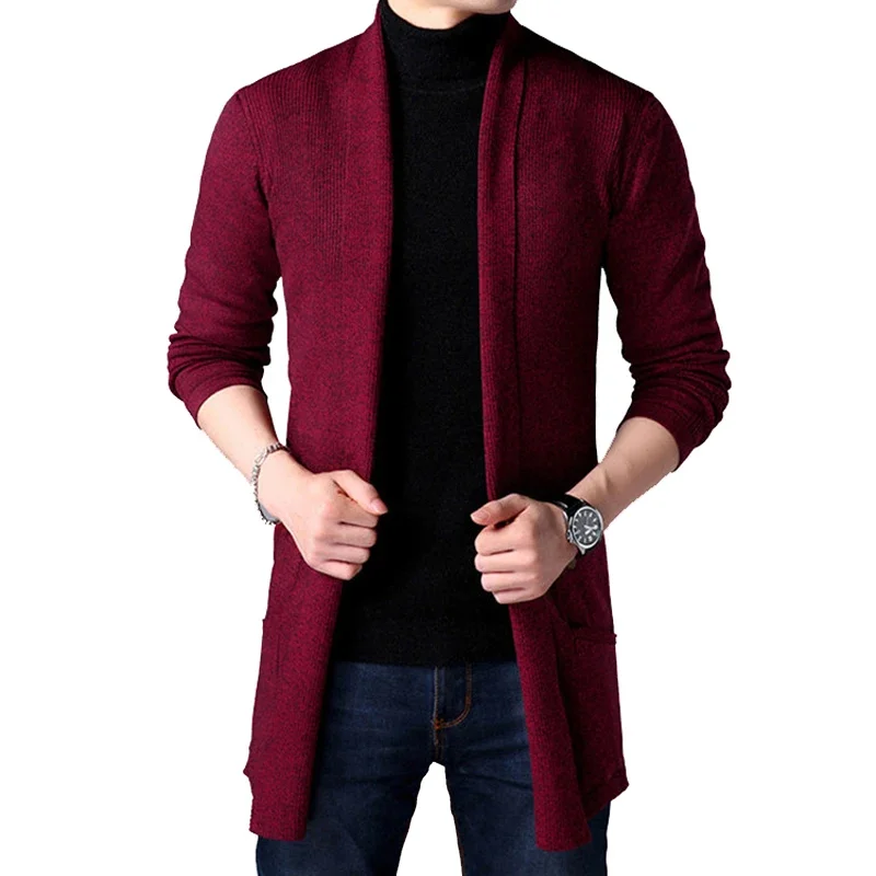 Men\'s Thin Long Style Cardigan Spring and Autumn X-long Knit Sweater Jackets Solid Color Sweatercoat