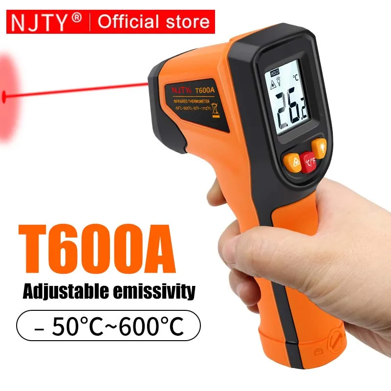 NJTY Termometr na podczerwień Ręczny pistolet temperaturowy Bezdotykowy laserowy tester ciepła -50-600 ° C do zastosowań przemysłowych w samochodach