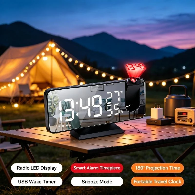 Radio LED Display Smart Alarm Timepiece Electronic Desktop Clock USB Wake Timer 180° Projection Time Snooze Mode