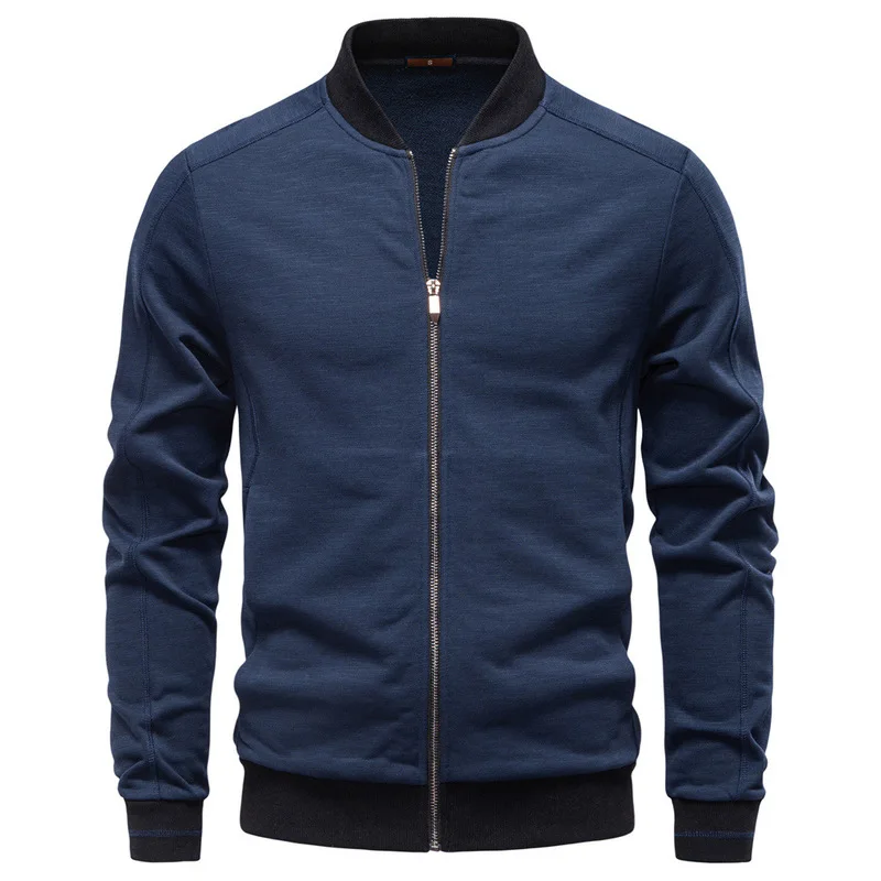 Casual Navy Blue Bomber Jacket Men Zip Up Stand Collar Black Trim Outerwear New 2026 Fashion Streetwear