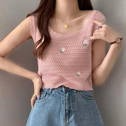 2024 Korean Version Women Knitted Hollow Out Flowers Embroidery Tank Top Summer Sweet Sleeveless Camisole