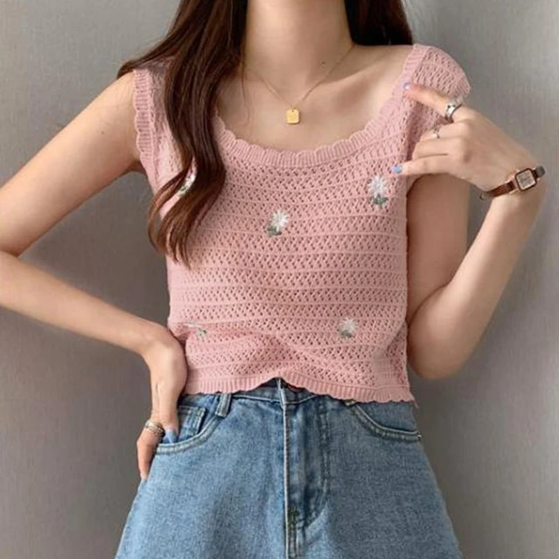 2024 Korean Version Women Knitted Hollow Out Flowers Embroidery Tank Top Summer Sweet Sleeveless Camisole