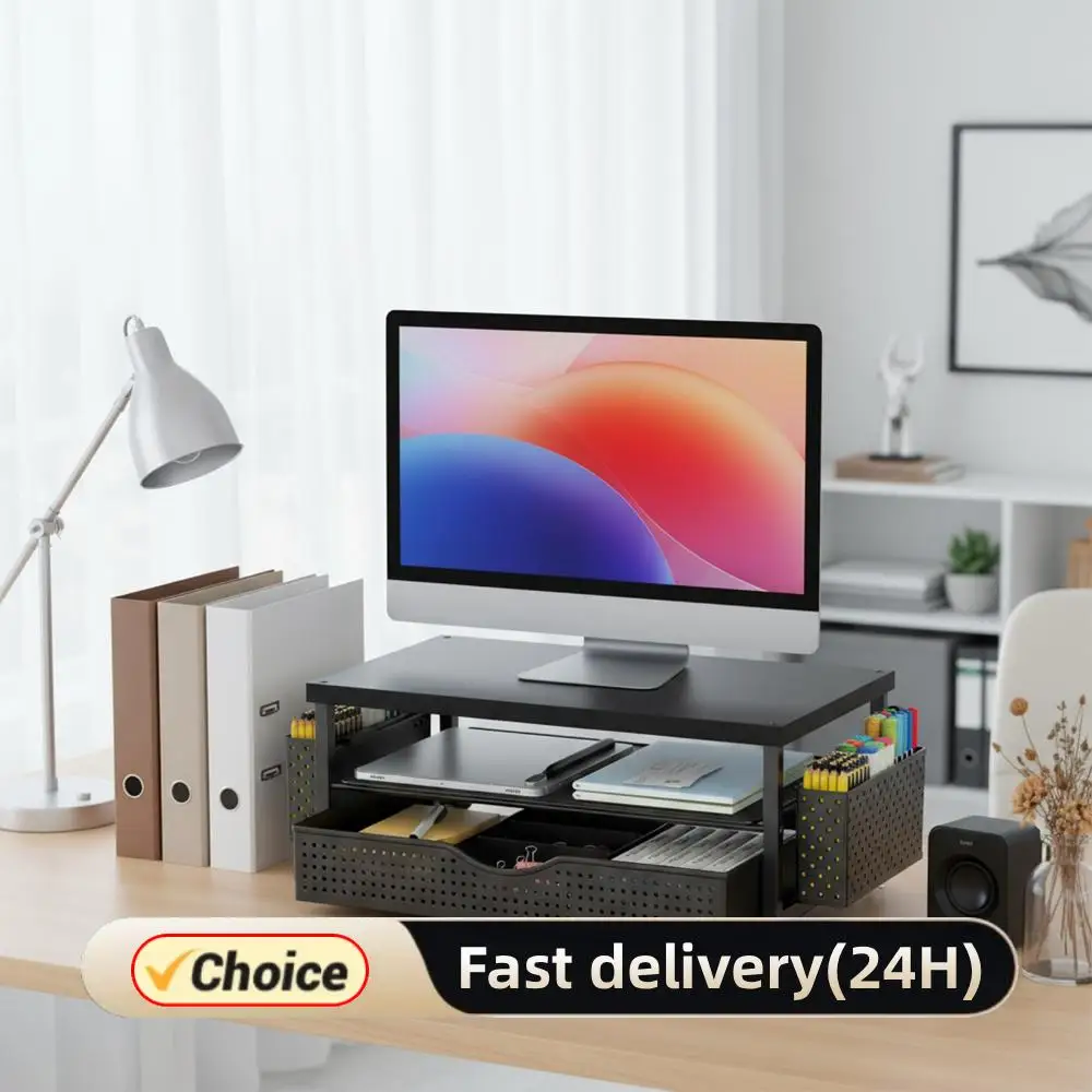 

2-Tier Computer Monitor Stand Riser with Drawer and 2 Pen Holders Desk Organizer Office Organizer Office Desk Accessories