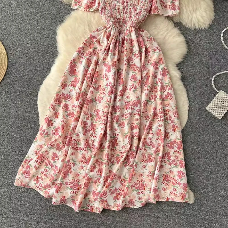 Романтичное длинное летнее платье с цветочным принтом, женское модное пляжное платье с открытыми плечами и ремешками для отпуска, Корейская версия, Vestidos