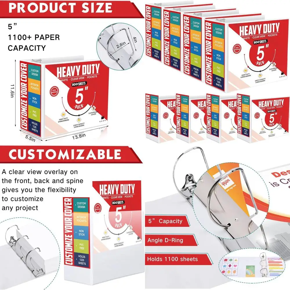 

8-Piece 3-Ring Binder Set with 5 D-Rings for Large 8.5 x 11 Documents, Presentations, and Projects, Clear View Covers, White