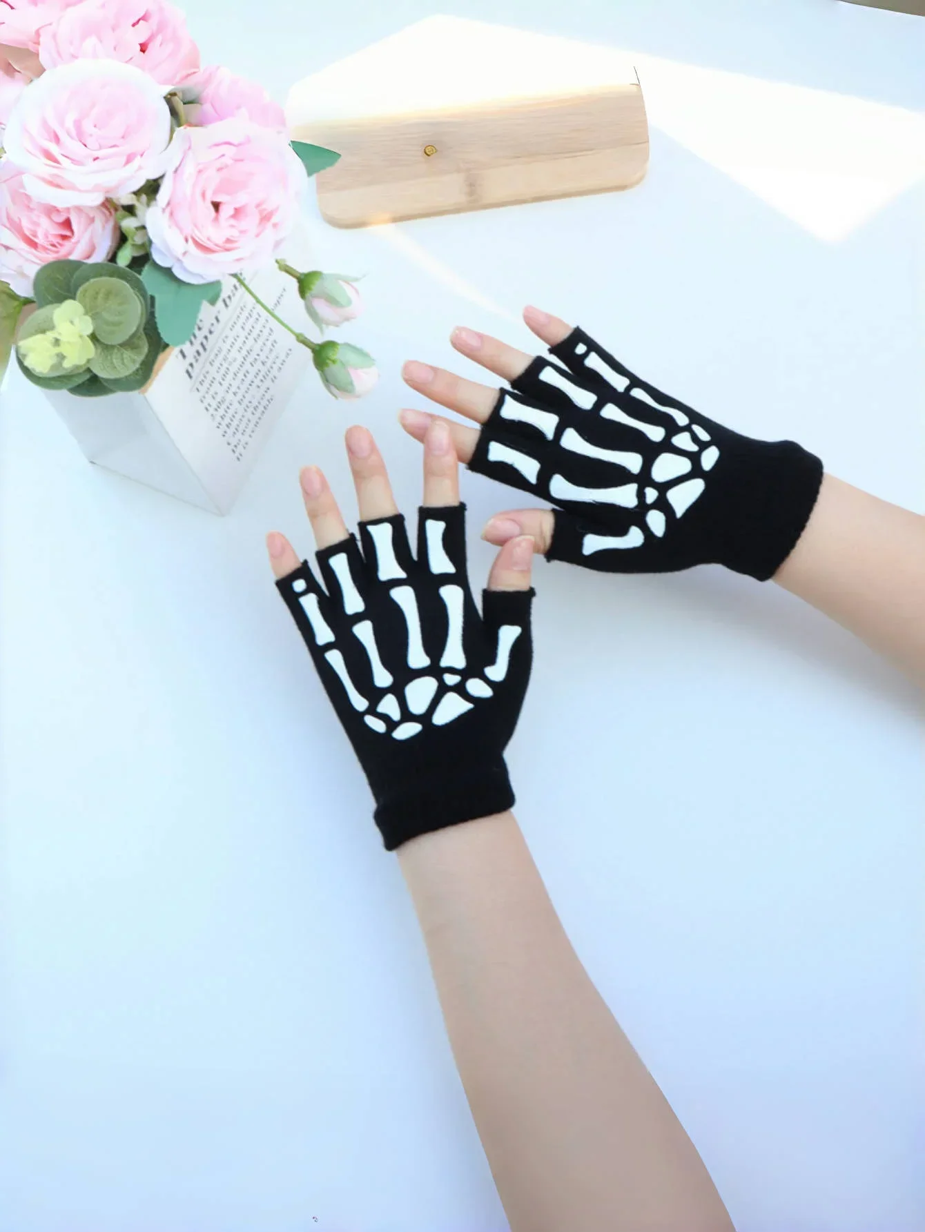 New Adult kids Halloween Skull Half-finger Punk Gloves Winter Skull Fingerless black gloves