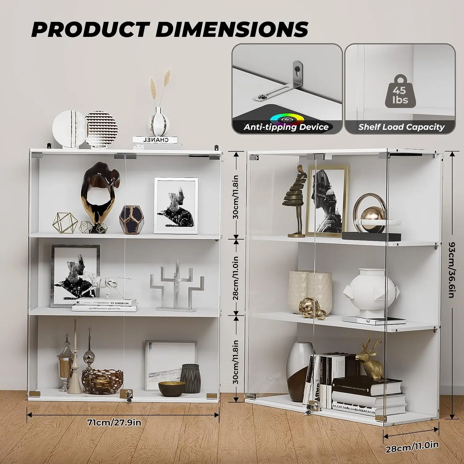 Glass Display Cabinet RGB LED Lights 3 Tier Case Doors Collectibles Lock Human Sensor Charging Station White