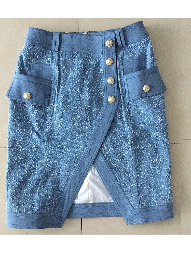 HIGH STREET New Fashion 2024 Runway Designer Skirt Women\'s Lion Buttons Double Blue  Denim Mini Skirt