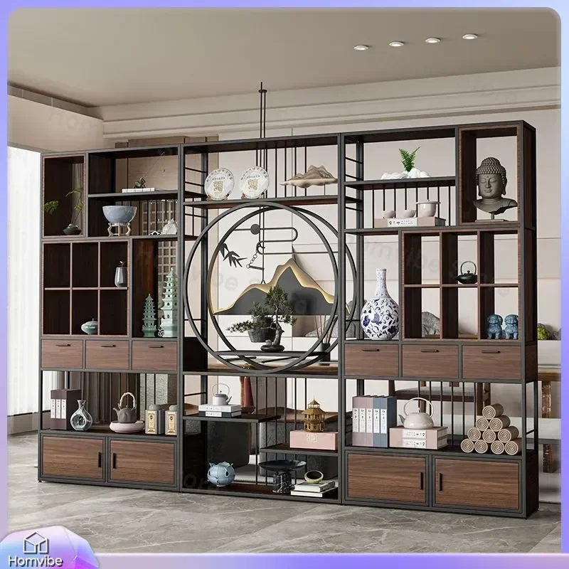 New Chinese Style Wrought Iron Room Divider Screen Floor to Ceiling Display Shelf Storage Cabinet Partition for Office Tea