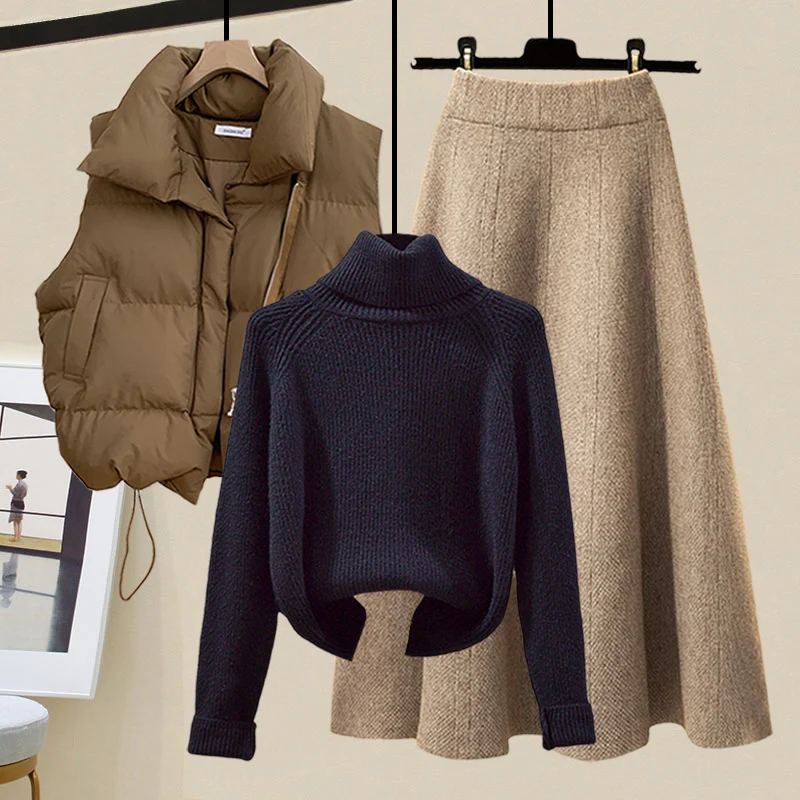 Winter Warm 3 Pieces Sets For Women Outfits Korean Casual Turtleneck Knitted Sweater+padded Vest+high Waist Knit Long Skirt Set