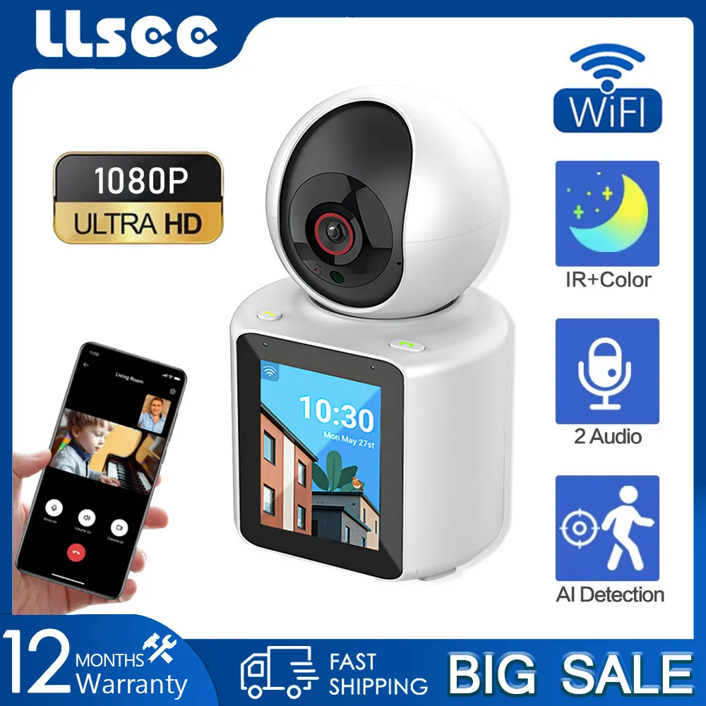 LLSEE Wifi security camera with 1080P mobile video screen, intelligent CCTV camera, bidirectional 2.8-inch IPS screen with 360