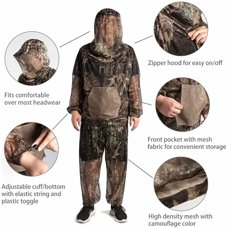 Fishing Clothing Wear Goods Equipment Summer Anti-Mosquito Fishing Ghillie Suit Hunting Clothes Camouflage Suit Camping Mesh