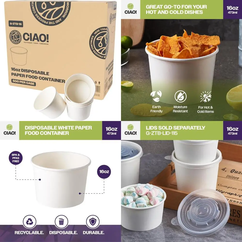 

16 oz White Paper Food Containers, 115mm Wide, Lids Not Included, Pack of 500