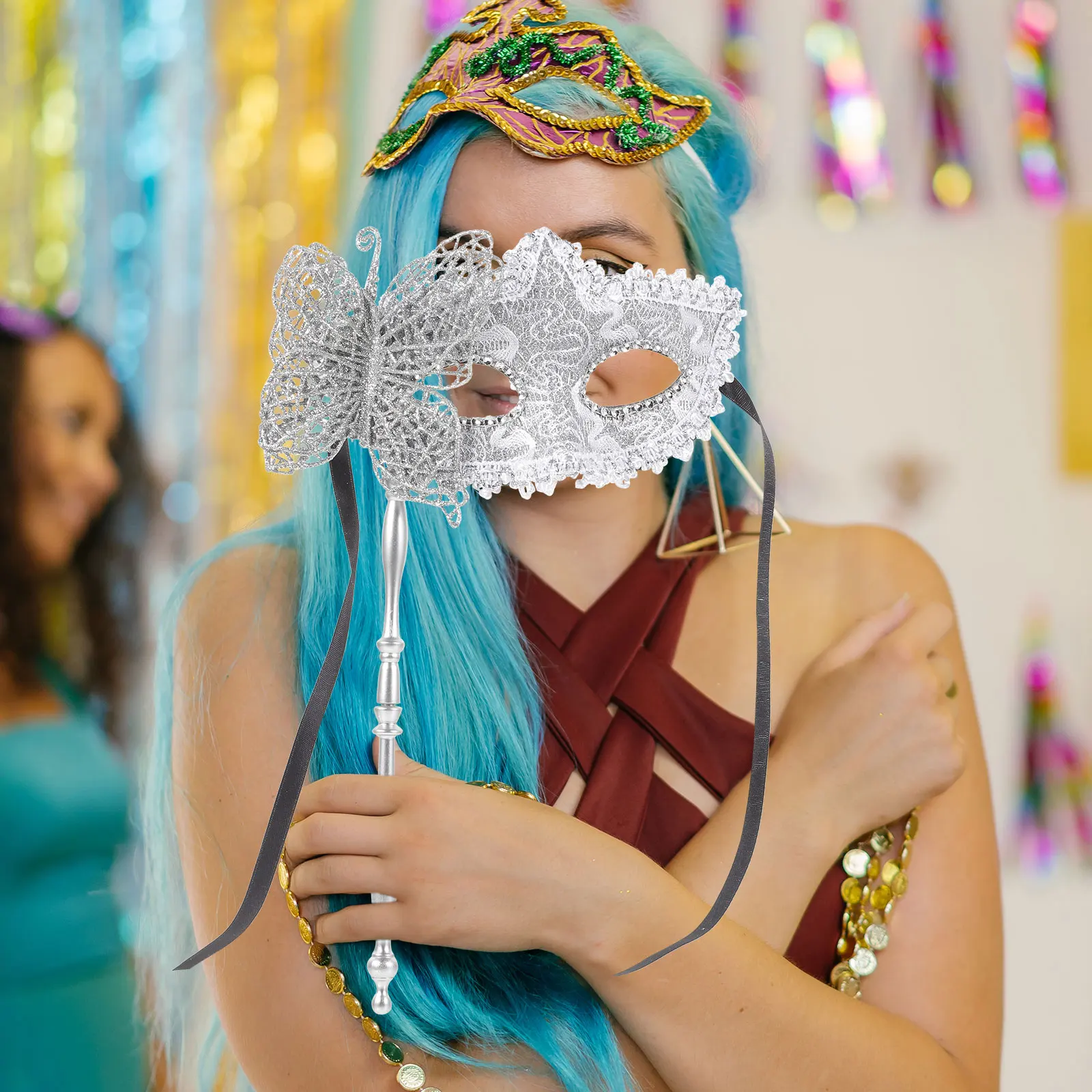 Maschera Masquerade accessori per il ballo per le donne argento con bastoncini per bastoncini maschere per abiti fantasia portatili forniture per feste di carnevale Cosplay