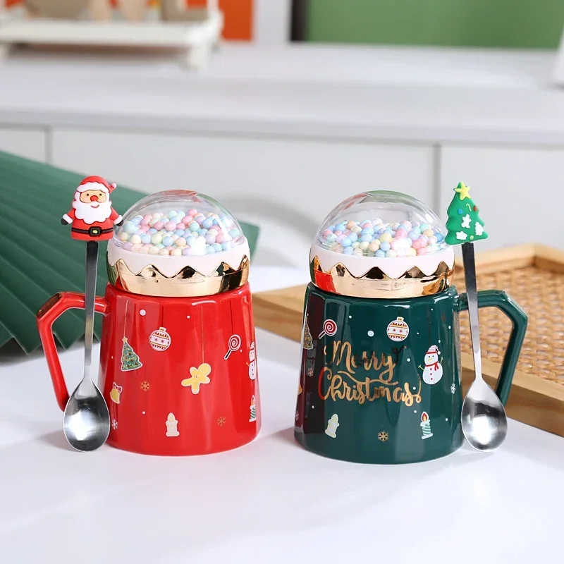 Christmas Mugs with Lid and Santa Claus Spoon Creative Planet Ceramic Cup Xmas Gift Coffee Cup Milk Cup Drinking for Home Office