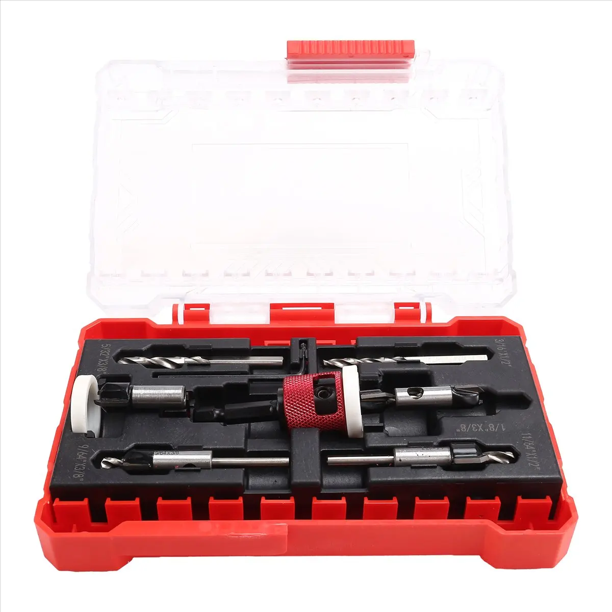 A58Z 5Pcs Countersink Drill Bit Set with Low Friction Depth Stop, HSS Tapered Bits 1/8inch,9/64inch,5/32inch,11/64inch