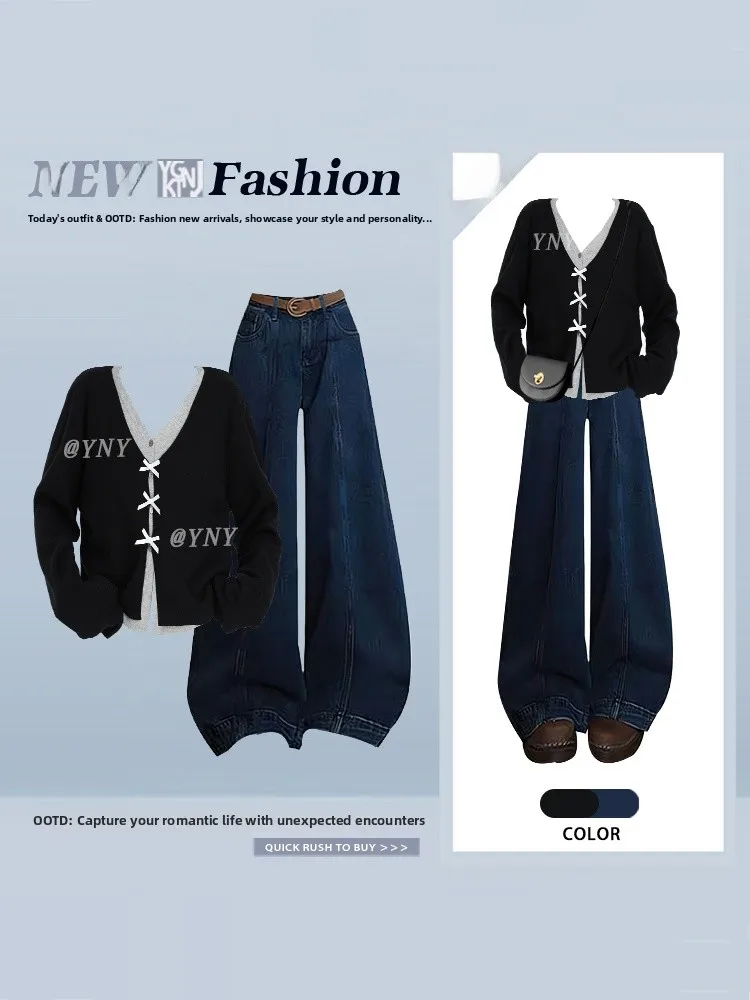 

Ретро-корейский комплект: приталенная футболка с узлом и джинсы с высокой талией, синий, весенний, женский