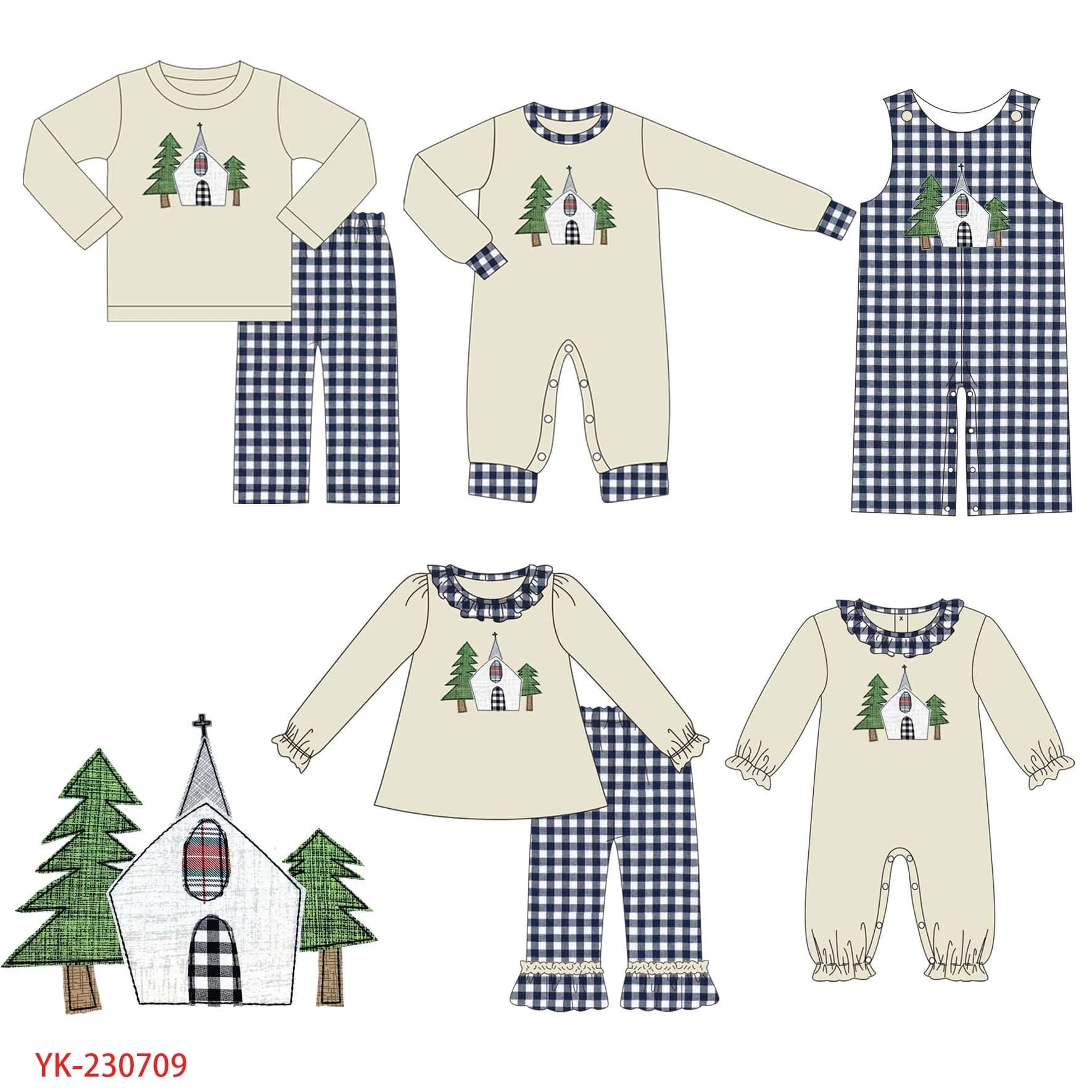 Hot selling Christmas boutique children set long-sleeved elastic tree house printed trousers lace girl boy plaid set baby romper