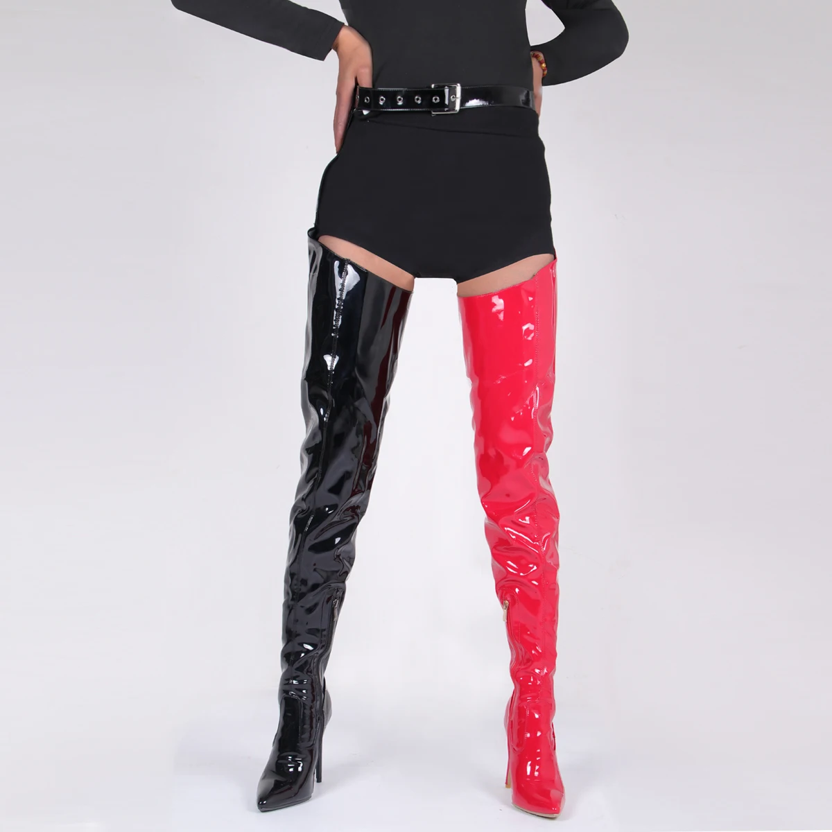 Black Size 46 Sexy Stiletto Heel Night Club Belt Buckles Over The Knee Boots Pu Leather Thigh High Boots Female