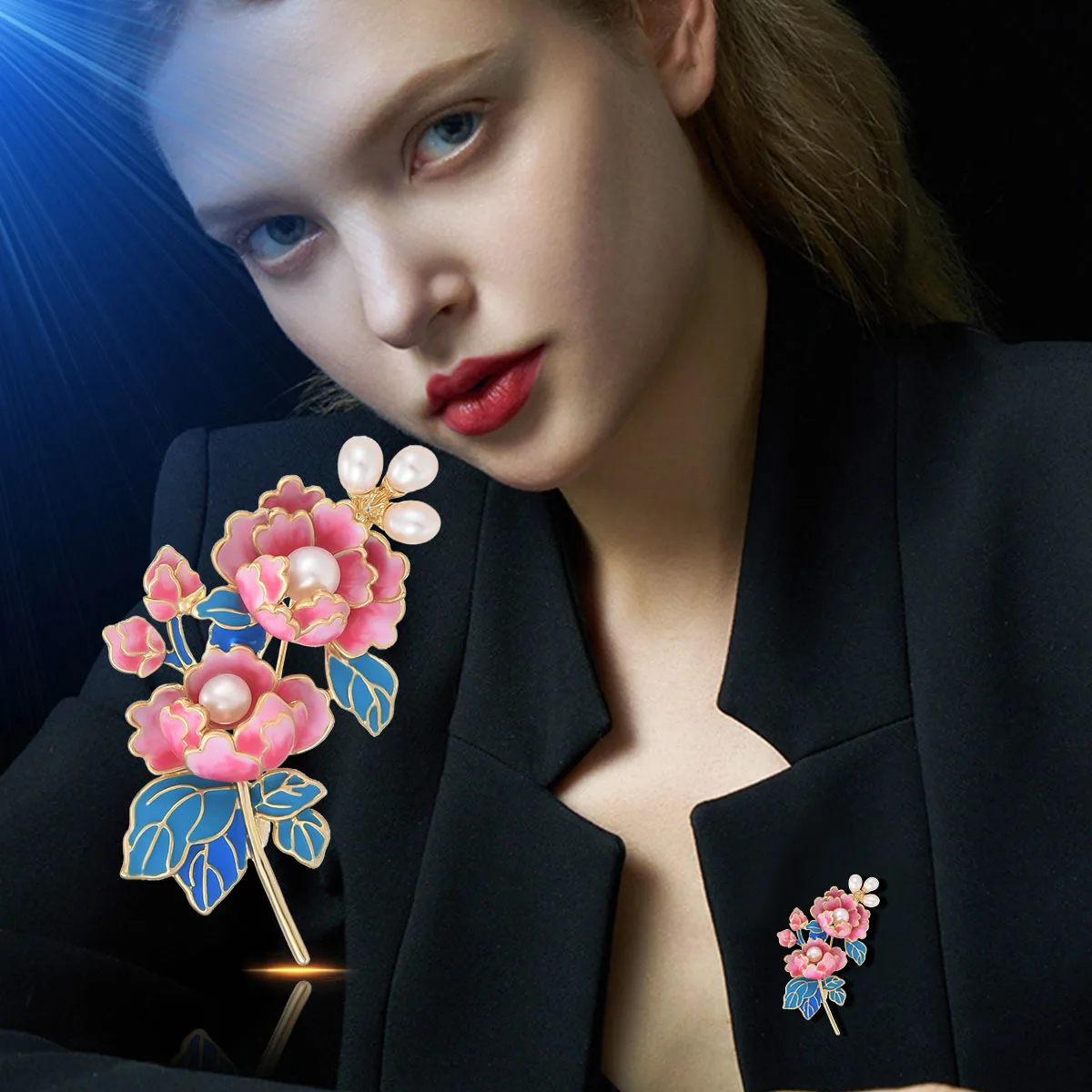 Rinhoo Imitation Perle Blau Pfingstrose Blume Brosche Für Frauen Luxus Perle Floral Pins Pflanze Emaille Abzeichen Elegante Dame Schmuck Geschenk – Detail 4