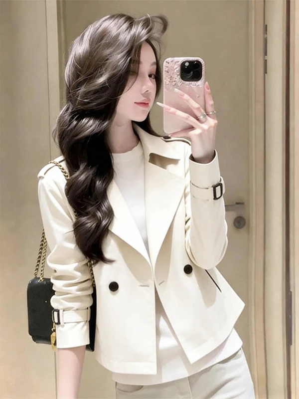 

Fashionable Short Coat Jacket Women's Casual Loose Design Spring 2026 Breathable Standard Fit Long Sleeve Double Button