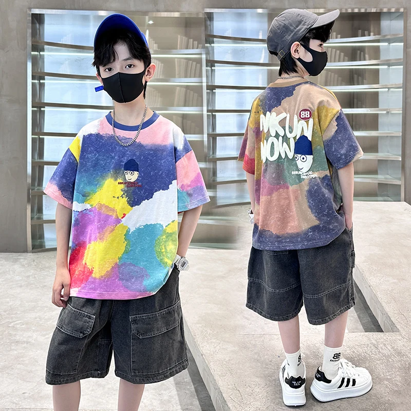 

Высококачественные джинсовые шорты с короткими рукавами для мальчиков, повседневный спортивный красивый комплект из 2 предметов: 4–16 лет