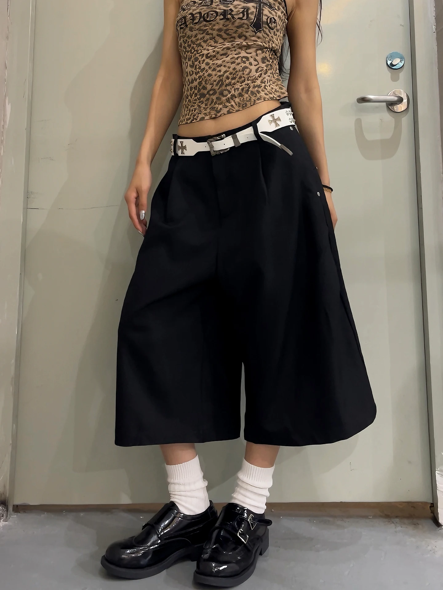 

American Retro Cleanfit Pleated Wide Leg Casual Seven-Foot Suit Pants High Waist Straight Cut Polyester No Stretch Summer Shorts