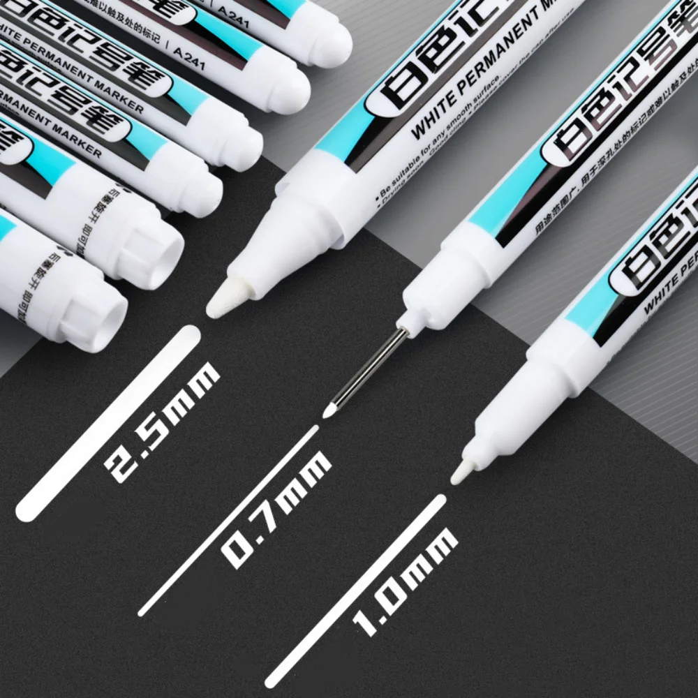 2pcs White Permanent Marker Pen 0.7/1.0/2.5mm Quick-Drying Ink for Painting Wood Plastic Leather Glass Stone Metal Craft Marking