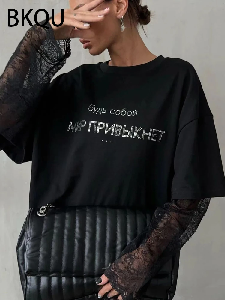 BKQU Solid Black Oversized T shirts Women 2000s American Rhinestone Letter Short Sleeve Loose Tees Shirt Luxury Higt Street Tops