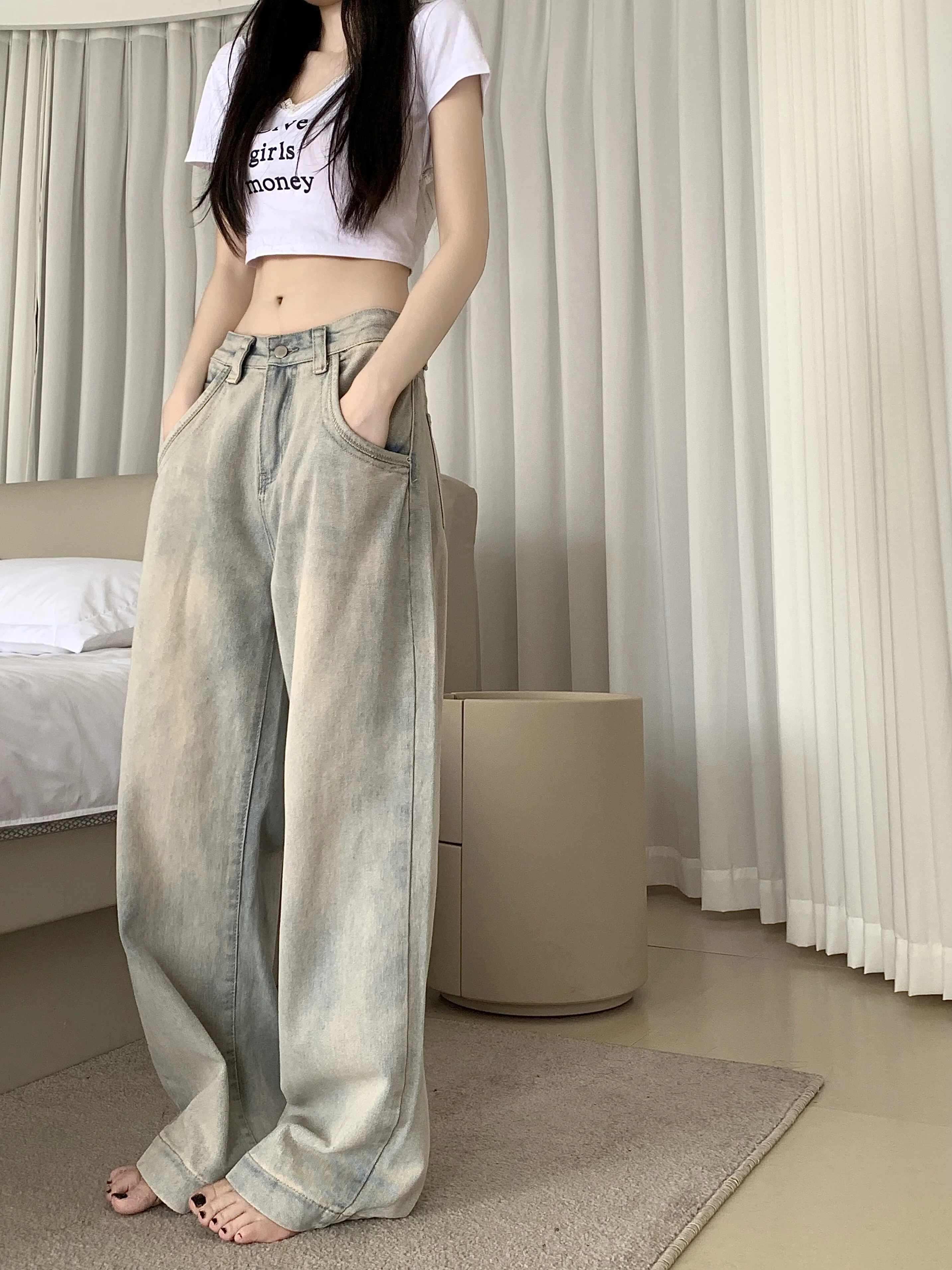 

2023 Tian Si Jeans Women's American High Street Small Loose Straight Tube Pants Floor Slam Pants Wide Leg Pants