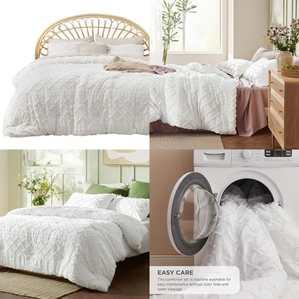 

White Shabby Chic Comforter Set with Boho Tufted Design, 3-Piece Vintage Farmhouse Bedding for Kids, All-Season Soft Fluffy Bed