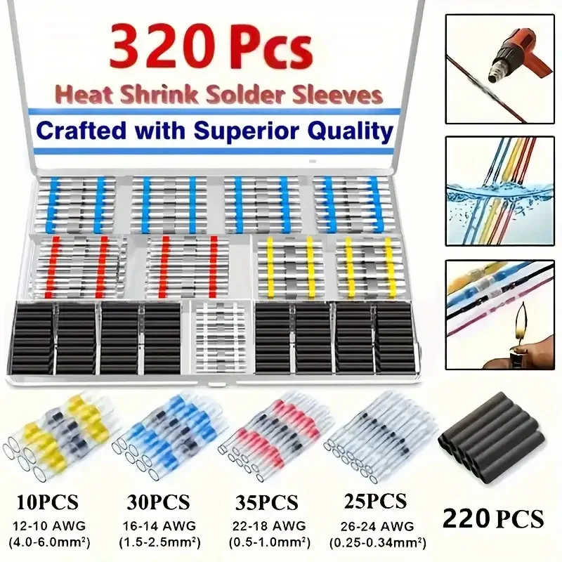 Solder Seal Heat Shrink Butt Connectors Kit Waterproof Insulated Wire Terminals for Electrical Wiring Automotive Marine Durable