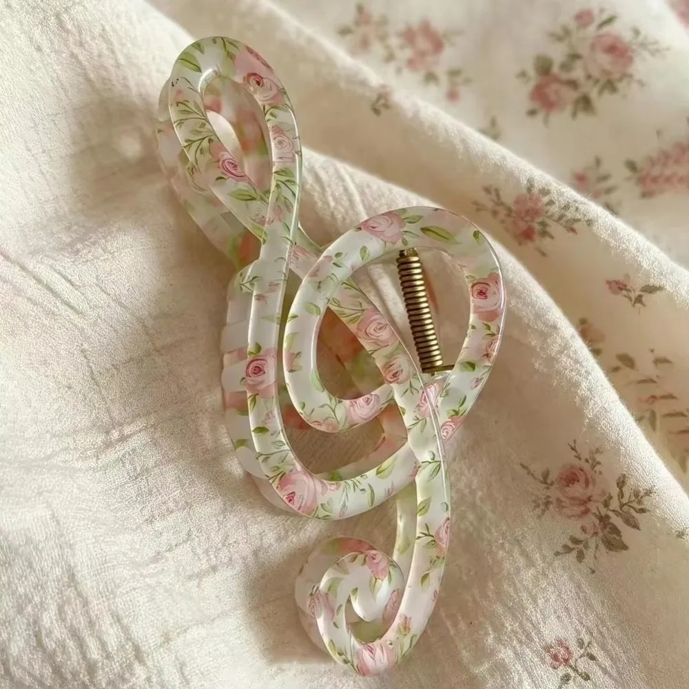 Matte Finish Music Note Hair Claw Clip Floral Pattern Artistic Style Shark Hair Clip Music Note Shape Updo Hair Clip