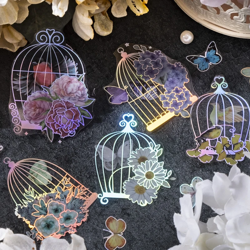 1pack/2Pcs Birdcage and Butterfly Themed Holographic Long Stickers DIY Handmade Album Scrapbooking Decorative Paper Supplies