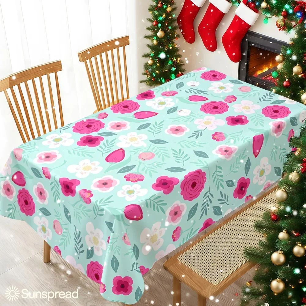 Mint Pink Floral Leaves Waterproof table cloth, splash-proof tablecloth, for party, Halloween, Christmas, dining, camping