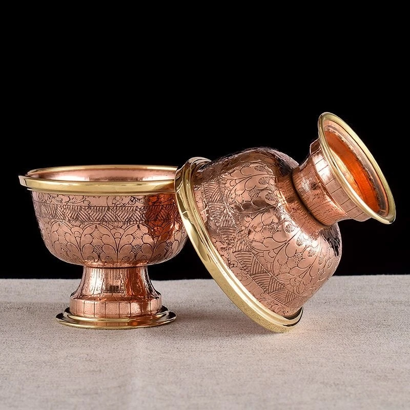 Tibetan Pure Red Copper Drinking Bowl, Tribute Holy Water Cup, Engraved Hammer Buddhist Bowl,Home Desktop Decorative ,7Pcs,10 cm