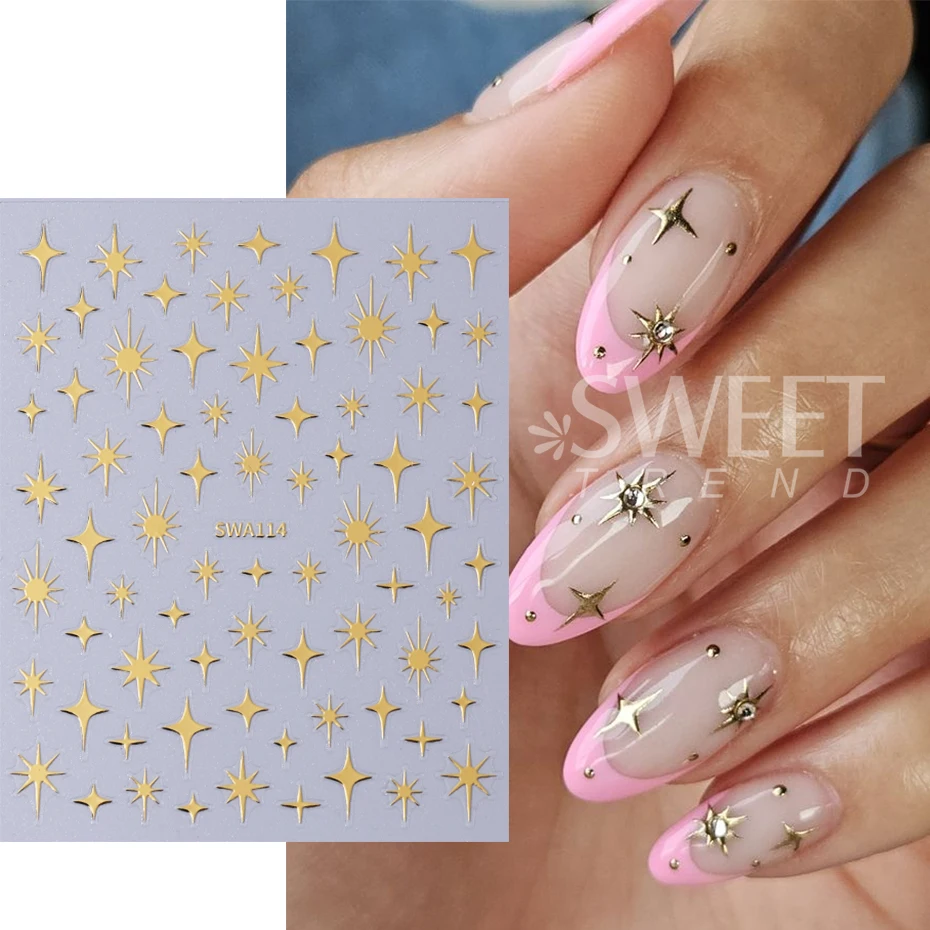 6 Stück Y2K Gold Silber Stern Nagelaufkleber 3D Metallic Laser Sternenlicht Sliders Unregelmäßiger Stern selbstklebende Nagelaufkleber Maniküre Dekor