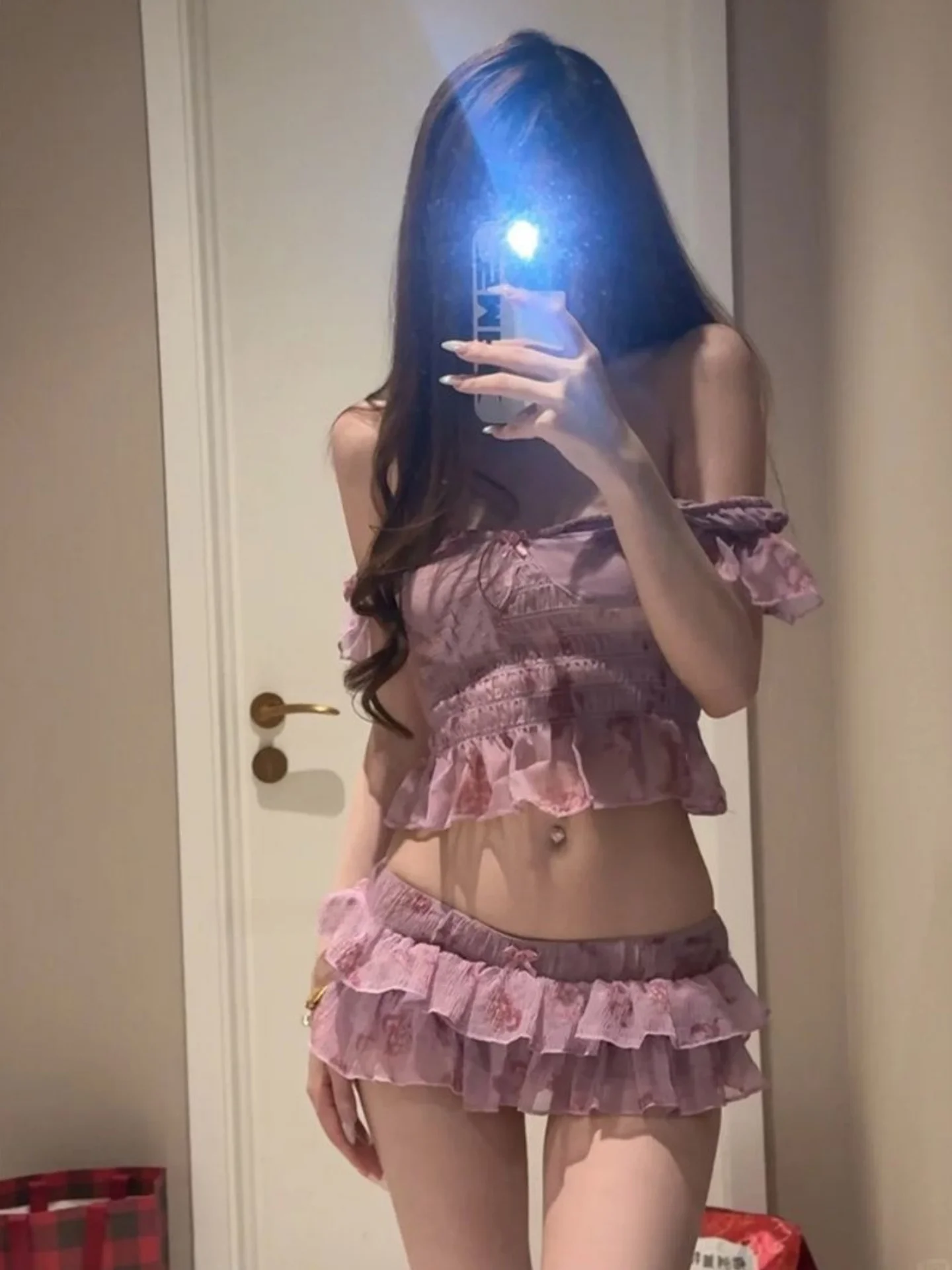 

Sexy Pure Desire Low Waist Short Top Skirt Set Women's Korean Design Pleated Sleeves Short Fashion Set Summer Youth