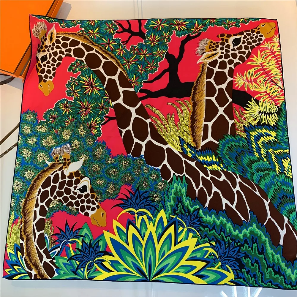 Three Giraffes Brand Hijabs Scarf Women Bandana Handmade Curled Twill Silk Square Scarf Luxury Foulard Head Scarves Shawls 90CM