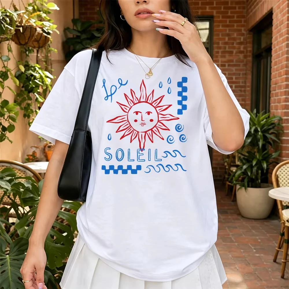 Le Soleil French Sun Abstract Print Men Women Short Sleeve Aesthetic Summer Vacation Streetwear Tops French Coastal Print Shirt