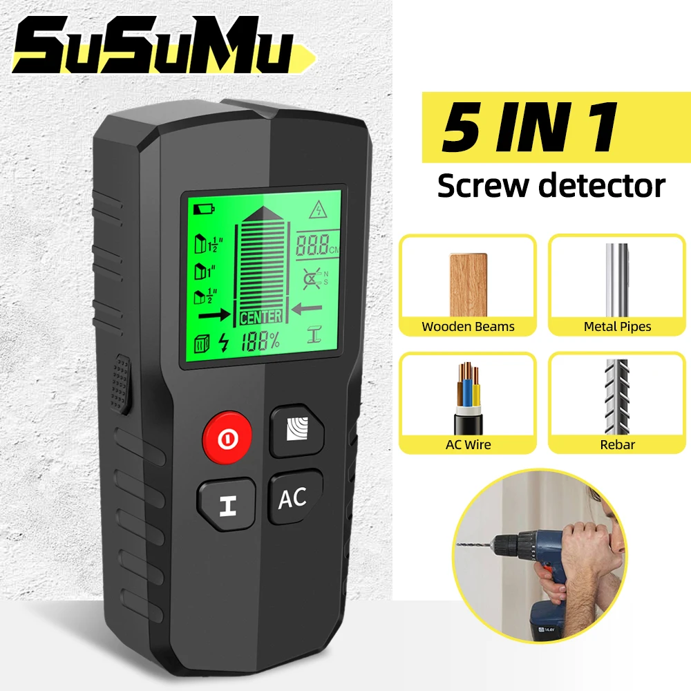 5 in 1 Screw Detector Sensor Wall Scanner Wood Stud PVC Water Pipe AC Electronic Screw Sensor Locator with LCD Display Screen