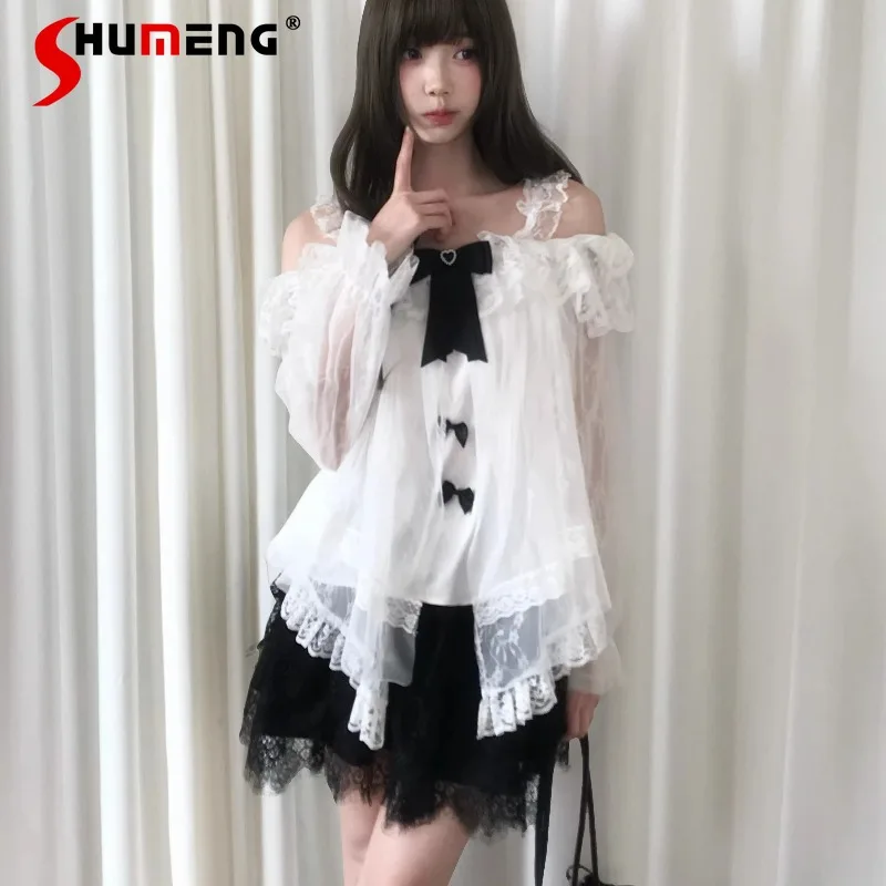 

Изящный элегантный шикарный костюм в стиле Y2K: топ с рюшами и кружевом на плечах, черная юбка, комплект в стиле японской Лолиты, женская блузка