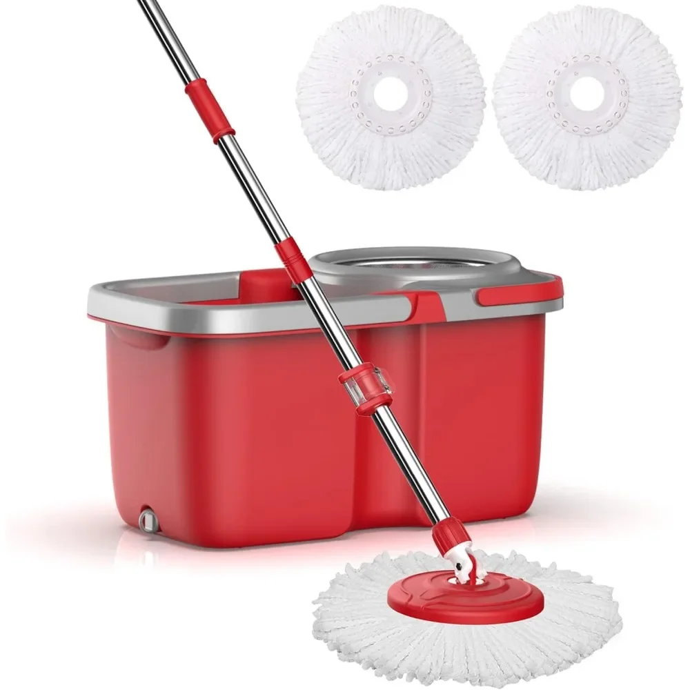 

Spin Mop and Bucket Floor Cleaning System,2 Washable&Reusable Microfiber Mop Heads Included.61-inch Handle and Stainless Steel